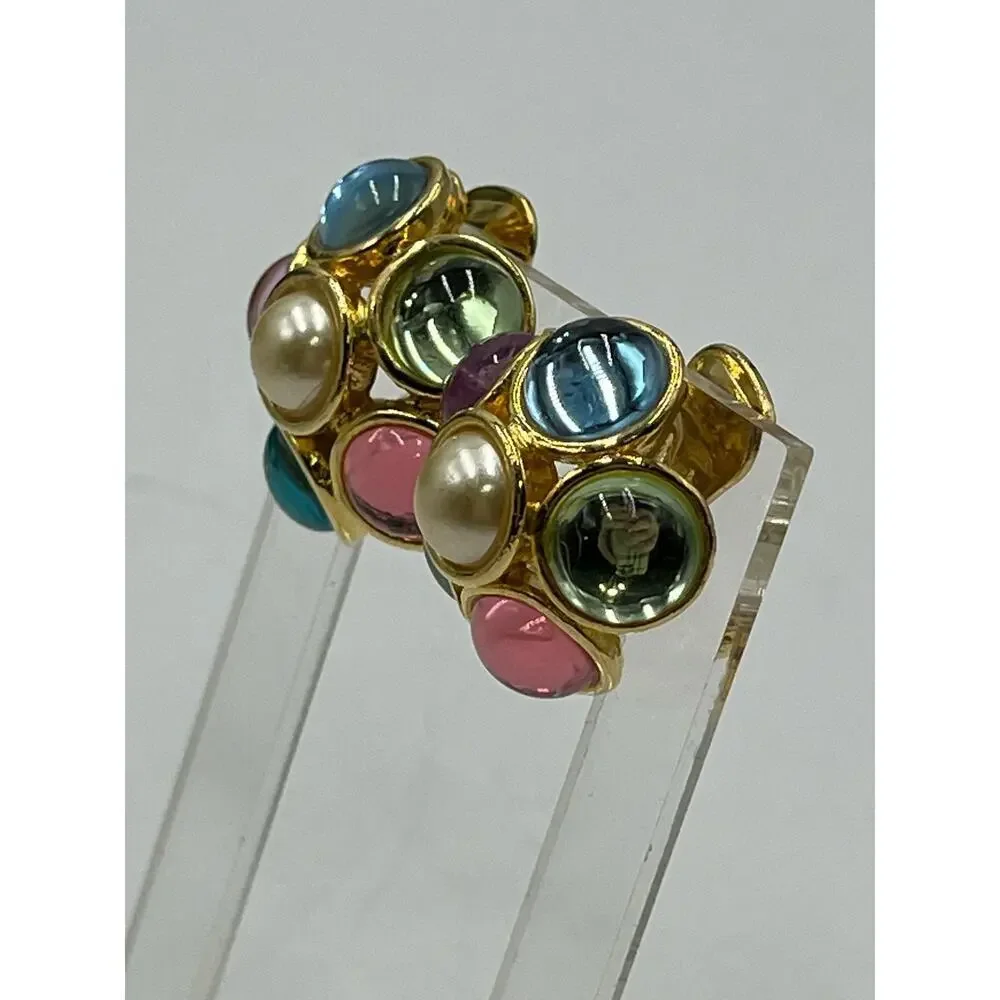 Vintage Pastel Colors Flower Cabochons Moon glow Clip On Gold‎ Tone Earrings